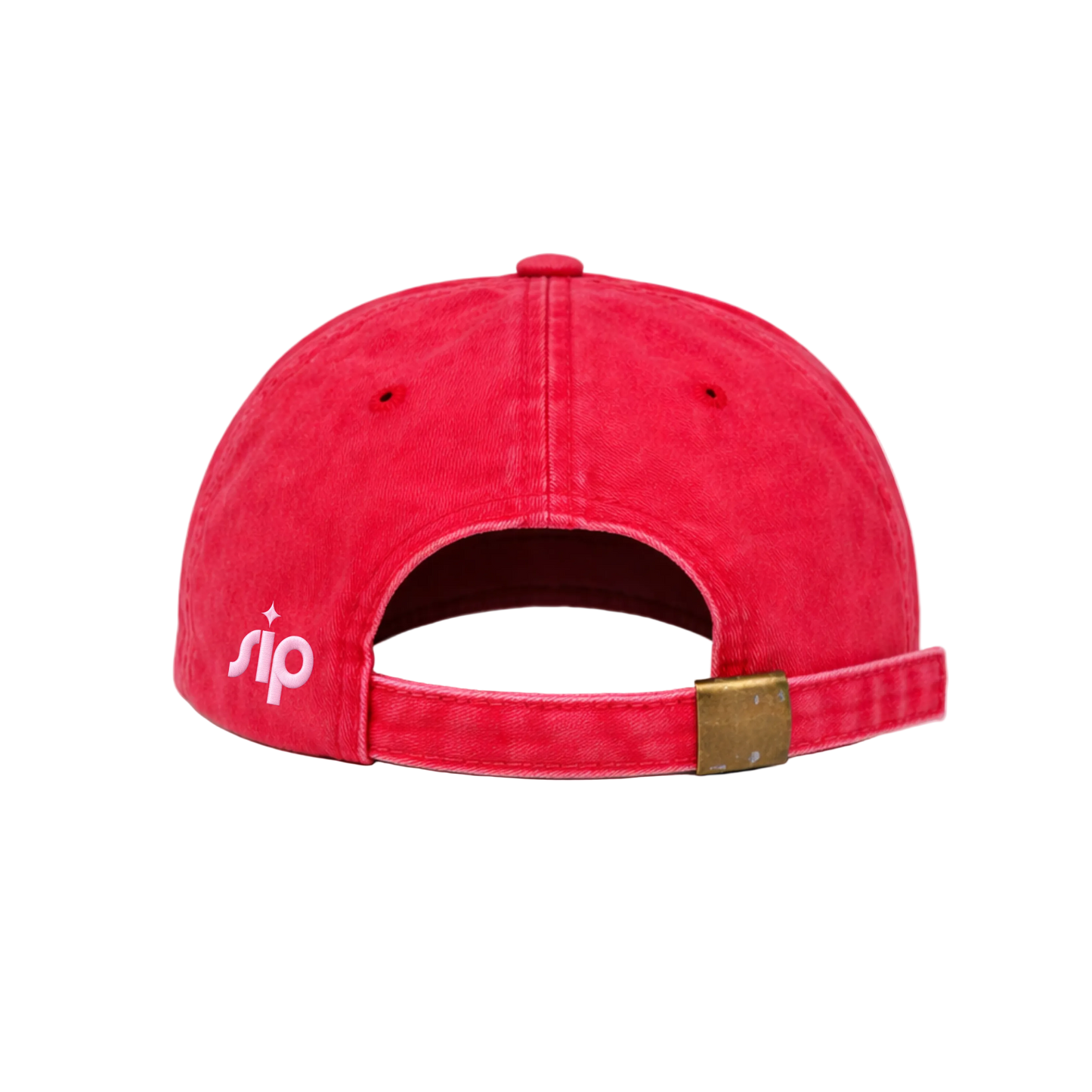 Red cap with a gold buckle and white logo on a white background