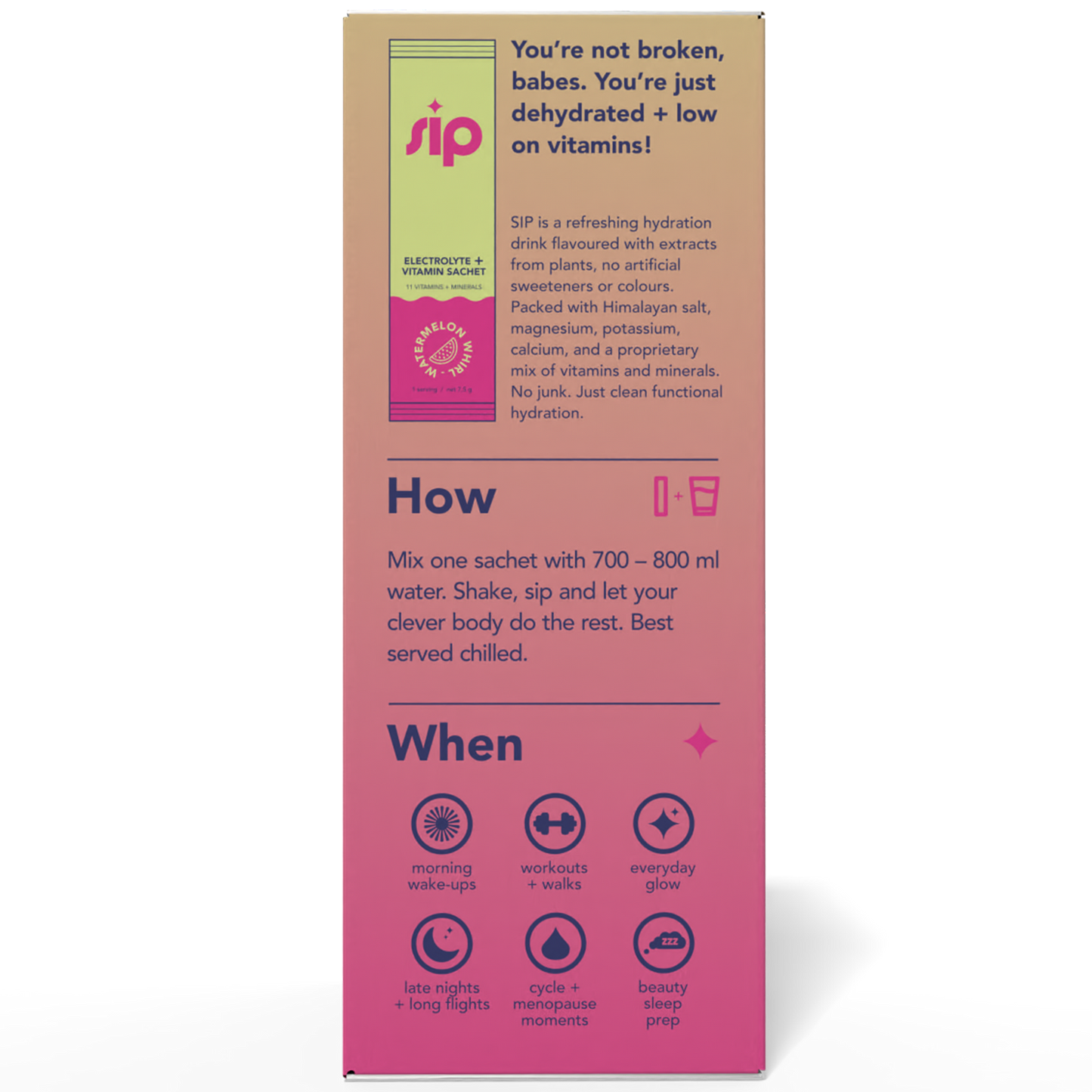 Sip packaging with pink and green design on a white background