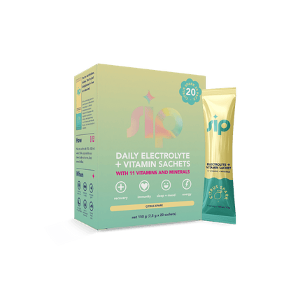 Box and single sachet of rip Daily Electrolyte + Vitamin Sachets on a green background