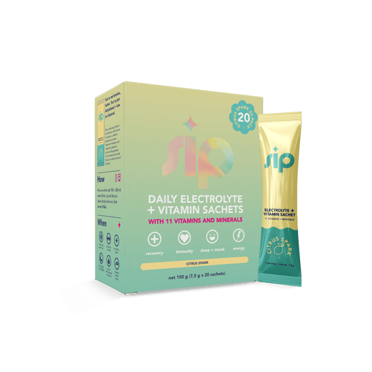 Box and single sachet of rip Daily Electrolyte + Vitamin Sachets on a green background