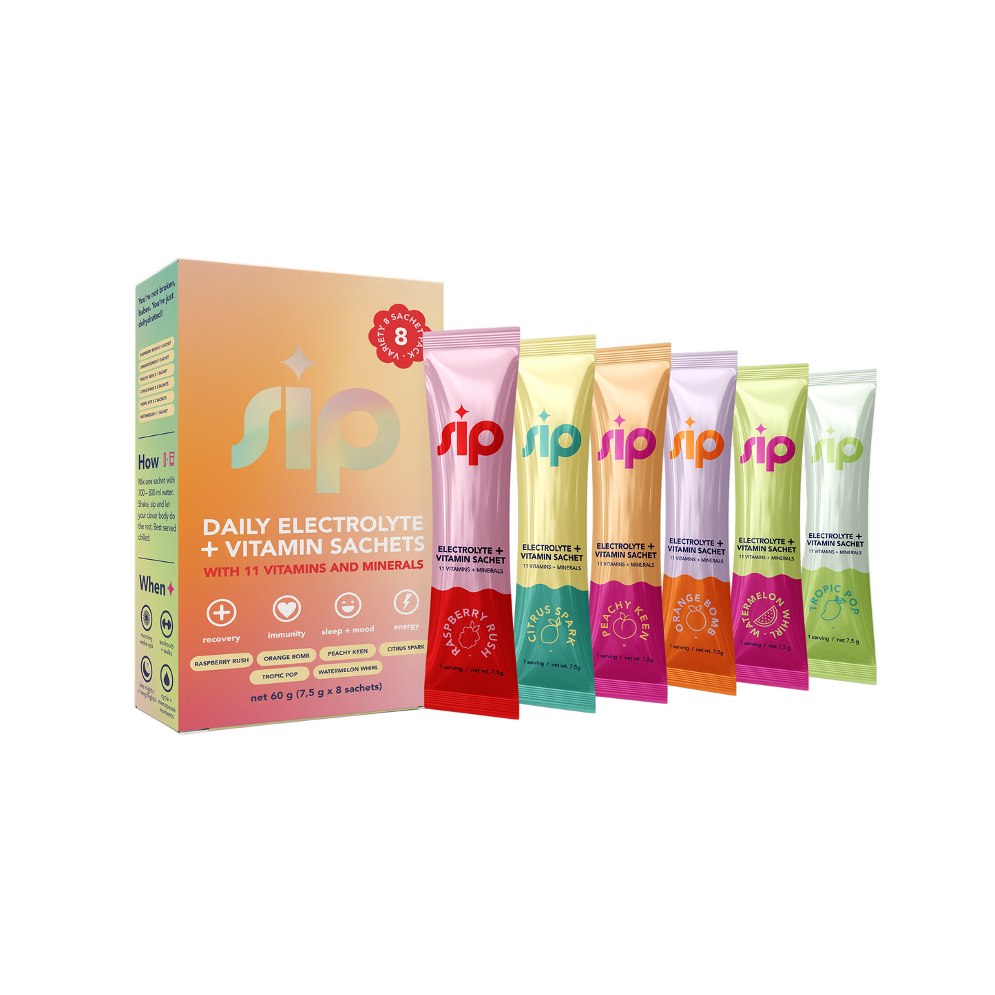Sip daily electrolyte and vitamin sachets with packaging on a white background