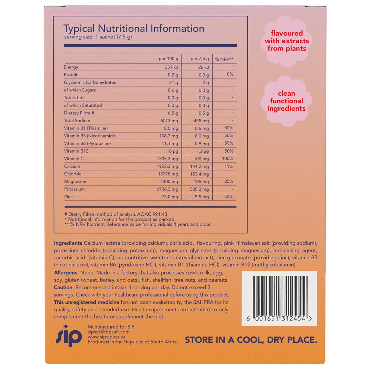Nutritional information and ingredients list on a product packaging with 'Sip' branding.