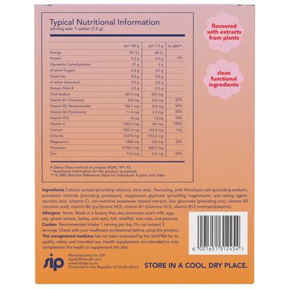 Nutritional information and ingredients list on a product packaging with 'Sip' branding.