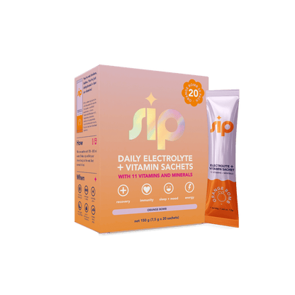 Sip daily electrolyte and vitamin sachets packaging on a green background