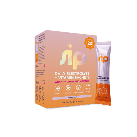 Sip daily electrolyte and vitamin sachets packaging on a green background