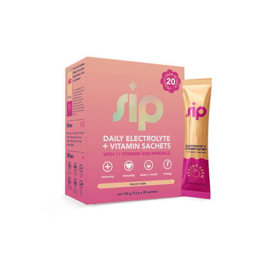 Sip Daily Electrolyte + Vitamin Sachets packaging and a single sachet on a green background