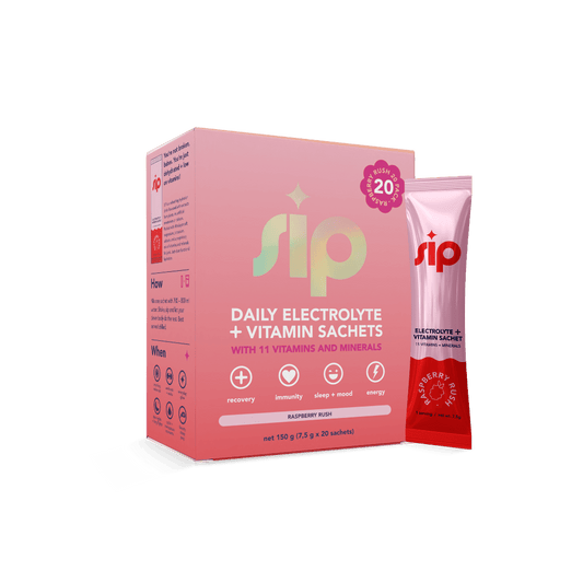 Sip Daily Electrolyte + Vitamin Sachets packaging and a single sachet on a green background