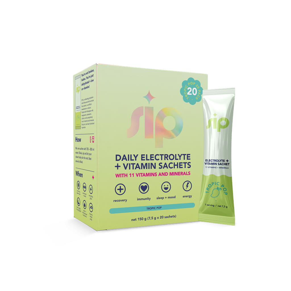 Box and individual sachet of daily electrolyte and vitamin mix on a white background