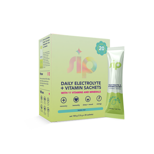 Box and individual sachet of daily electrolyte and vitamin mix on a white background