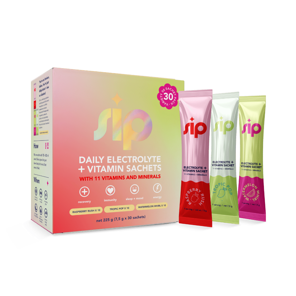 Sip daily electrolyte and vitamin sachets packaging with three individual sachets on a green background