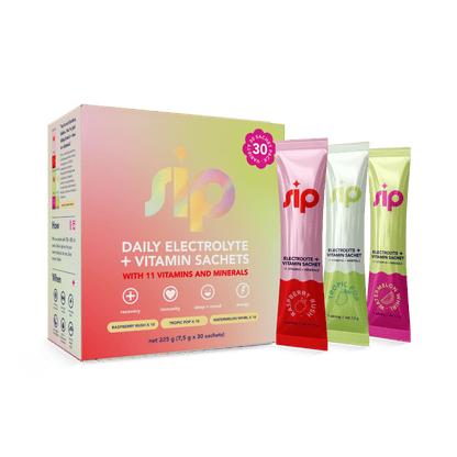 Sip daily electrolyte and vitamin sachets packaging with three individual sachets on a green background