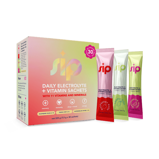 Sip daily electrolyte and vitamin sachets packaging with three individual sachets on a green background