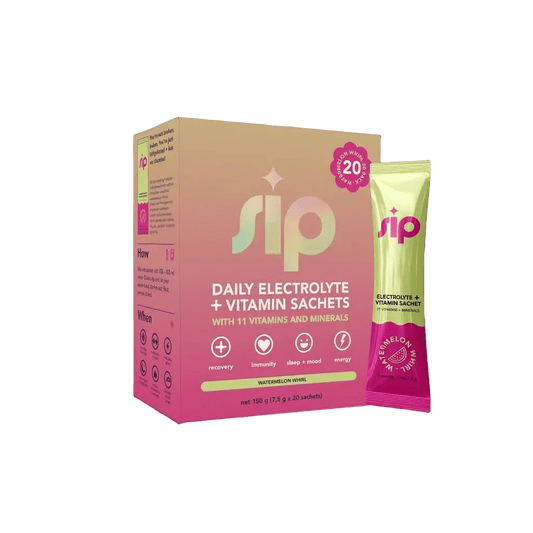 Sip Daily Electrolyte + Vitamin Sachets packaging on a green background