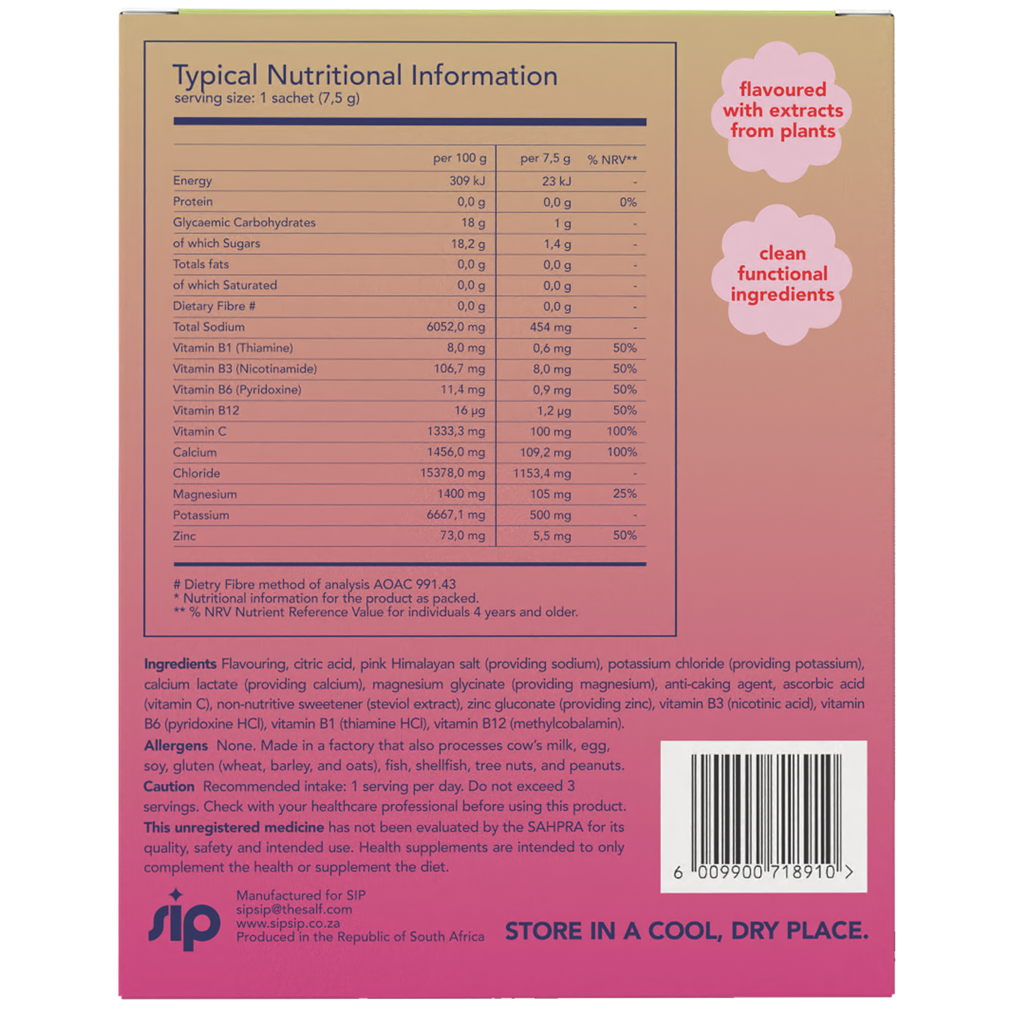 Nutritional information and ingredients list on a product packaging with a pink and brown color scheme.