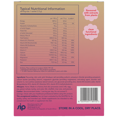 Nutritional information and ingredients list on a product packaging with a pink and brown color scheme.